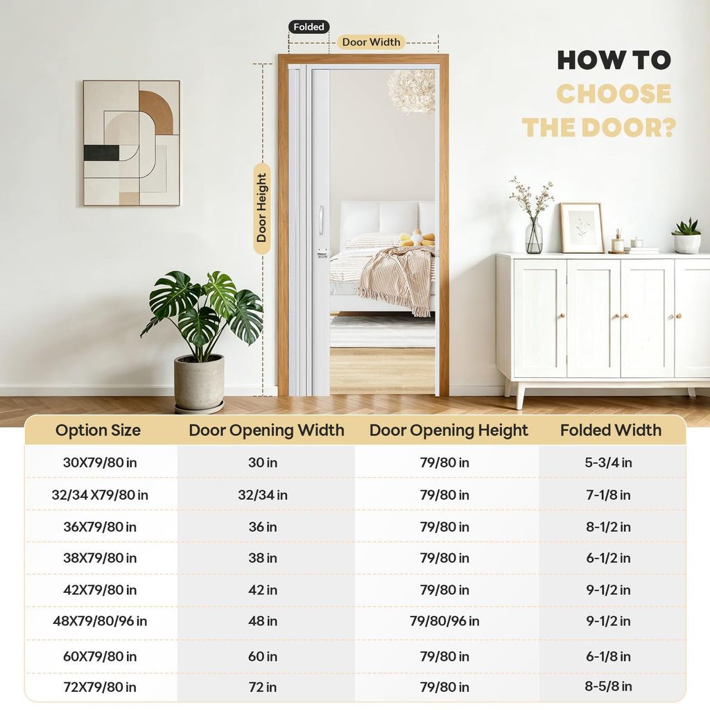 36" x 80" PVC Accordion Door with Lock and Handle, White