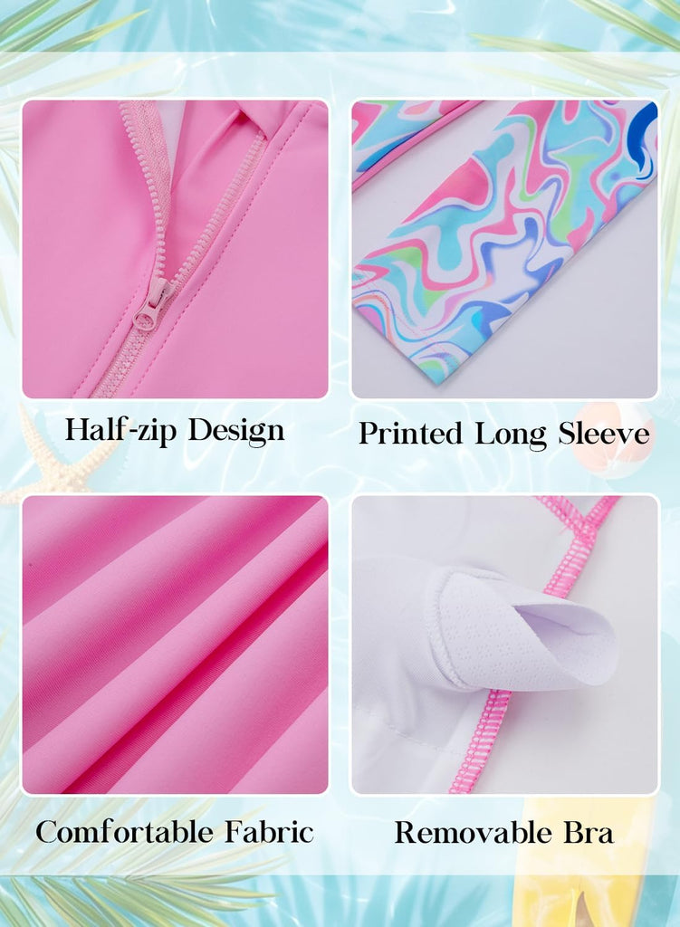 Girls Rash Guard Swimsuits Long Sleeve Swimsuit 2 Piece Bathing Suits UPF 50+ Zip Swimwear Boyshorts