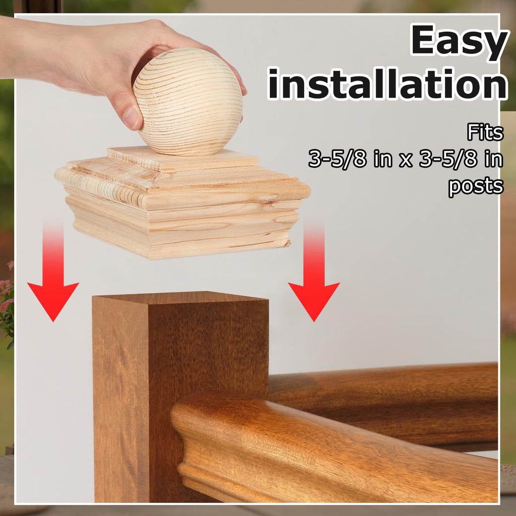 2 Pcs 4 x 4 Inch Wood Post Caps, Cedar Ball Finial