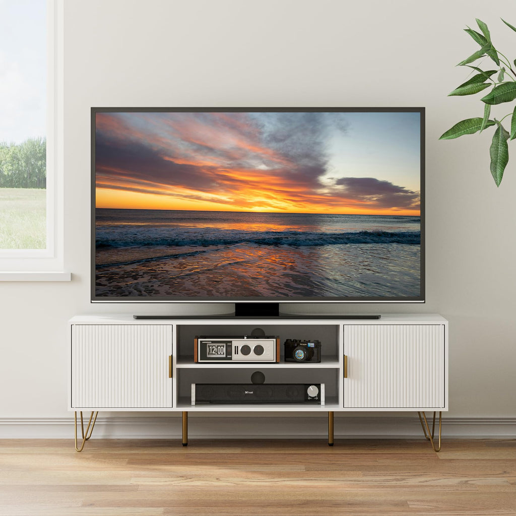 TV Stand for 55-65 Inch TV, Entertainment Center with Soft Hinge Door, TV Console Table with 2 Cabinets with Gold