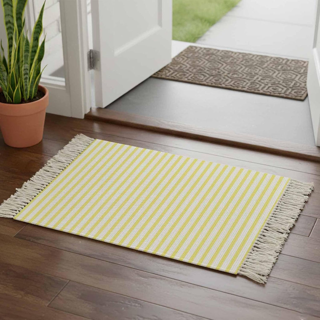 Minimalist Lemon Yellow Striped Runner Rug with Tassel Modern Art Vertical Line Print Entryway Rugs Washable