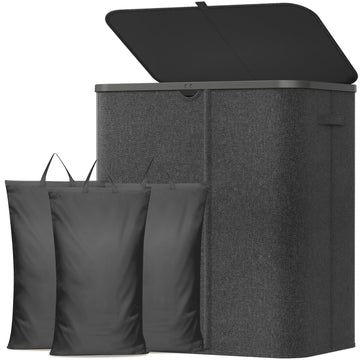 3 Section Laundry Hamper with Lid, Laundry Basket, Dark Gray