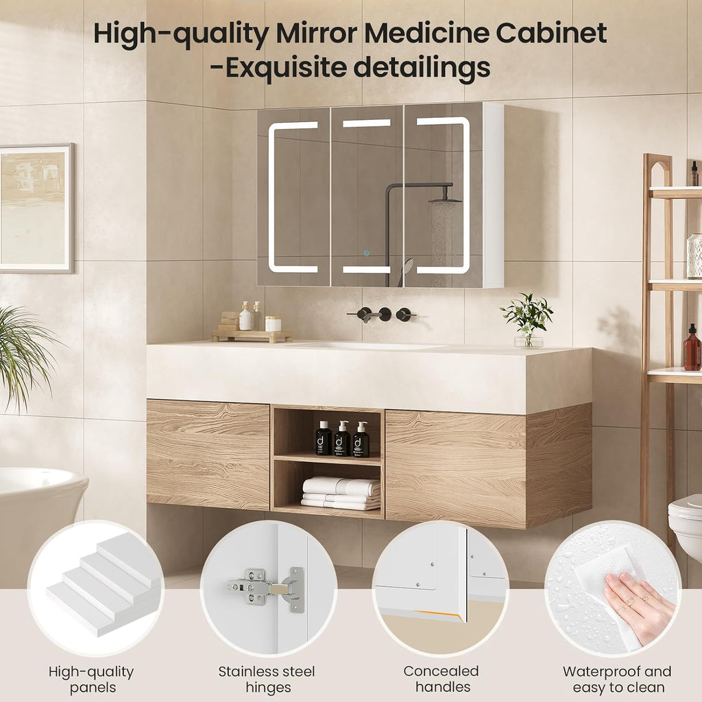 Medicine Cabinet Organizer with Mirror, Lighted Bathroom Medicine Cabinet with Storage, 3 Doors Bathroom Wall Cabinet