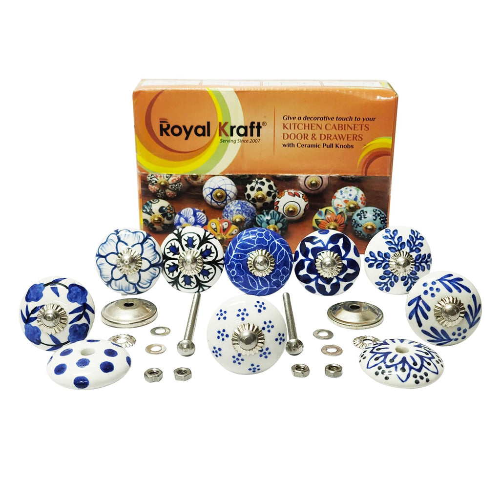 Vintage Blue Hand Painted Ceramic Pull Knobs Cabinet, Door & Drawer, Wardrobe, Cupboard (10 Designs x 2 pcs = 20