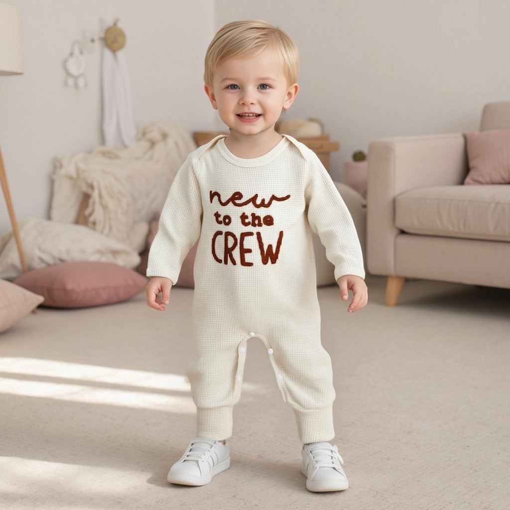 Newborn Baby Boy Fall Outfit Romper New to The Crew Long Sleeve Jumpsuit Bodysuit Infant Winter Waffle Clothes