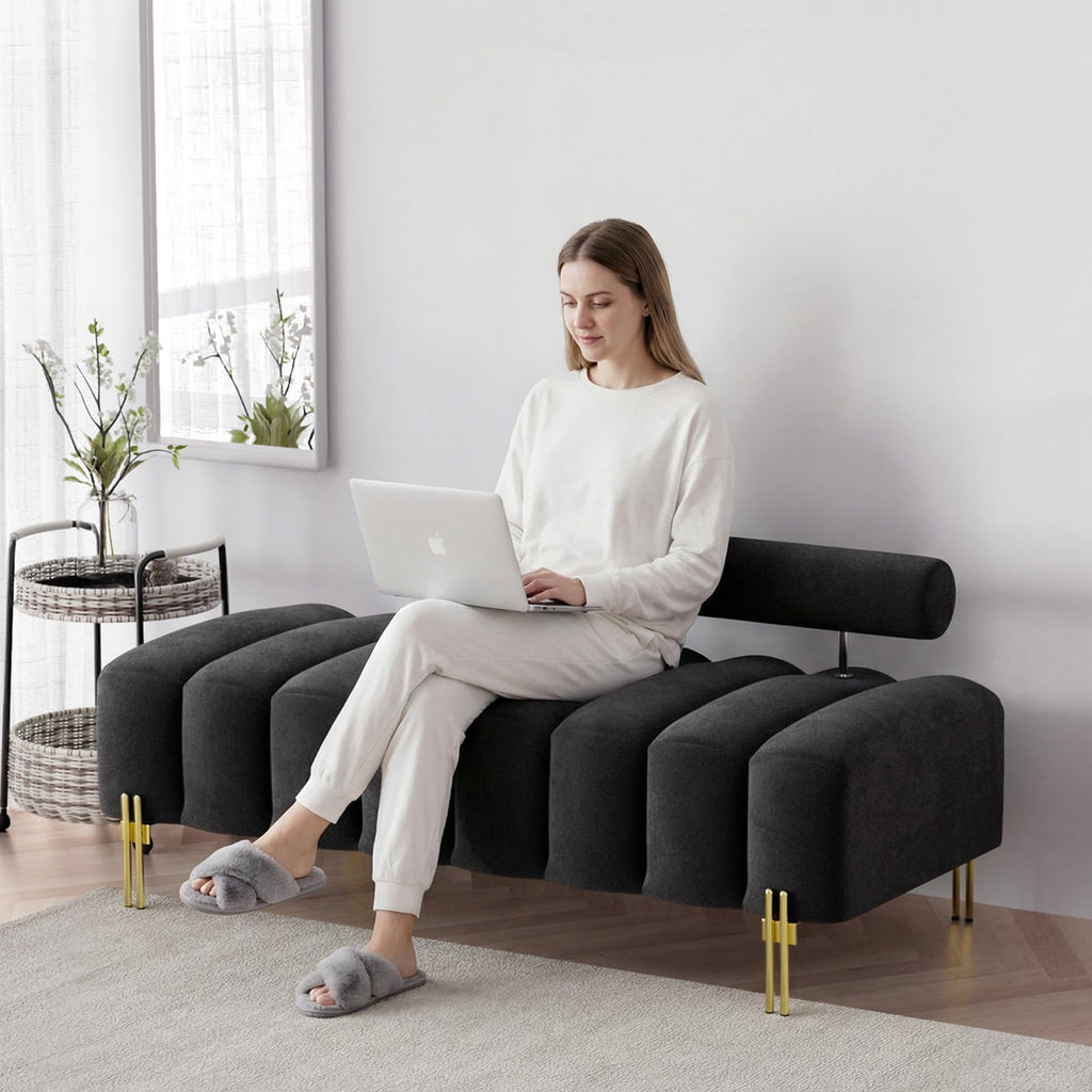 52" Velvet Bench Bedroom Ottoman Bench with Adjustable Back, Black
