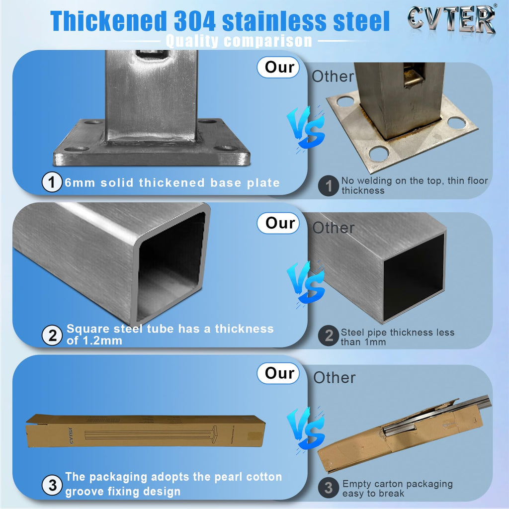 Glass Railing Post, No-Punch Glass Railing System with Spigot Slots & Base, Heavy-Duty 304 Stainless Steel Clamp for