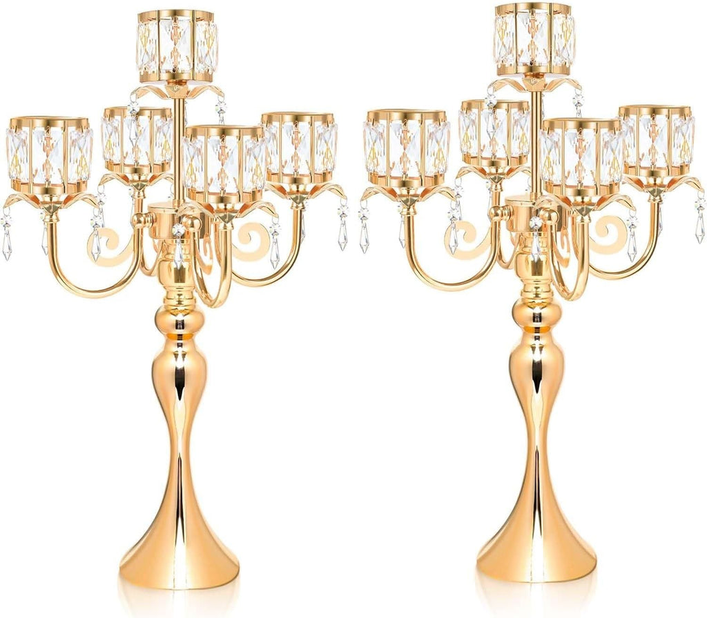Tall Candle Holders - 2Pcs Gold Candelabra, Metal 5 Arm Candlesticks Party Wedding Aisle Home Decor (Gold x 2pcs)