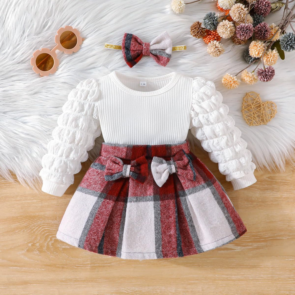 Christmas Toddler Baby Girl Plaid Dress Puff Sleeve Bow Patchwork Ribbed Shirts Dress Plaid Fall Winter Outfits (Red