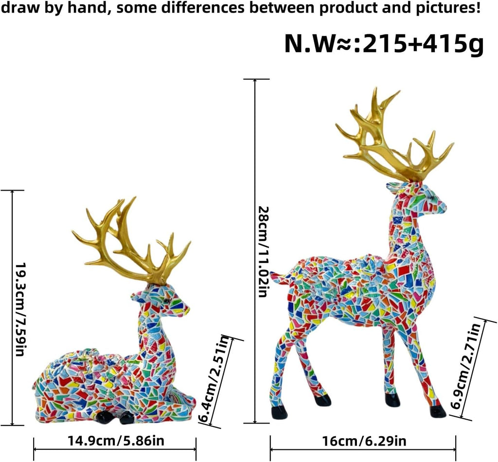 Christmas Reindeer Figurine Set of 2 - 11-inch Reindeer Christmas Party Decorations - Mosaic Painted Luxury Style
