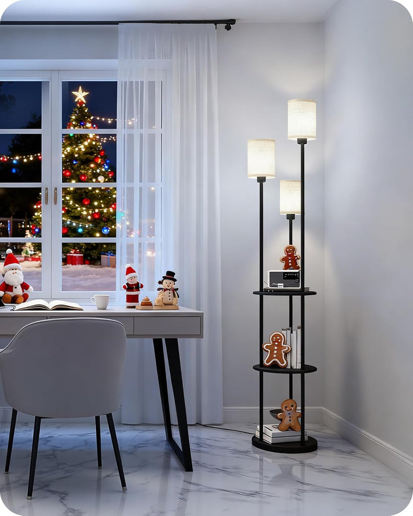 Floor Lamp with Shelves, Modern Floor Lamp with 3 Linen Shades and Foot Switch, 3-Light Standing Lamp