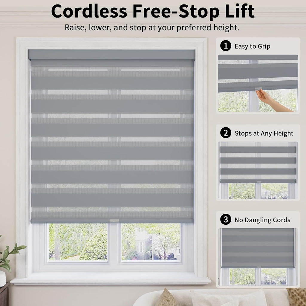 Cordless Zebra Blinds for Windows with Free-Stop(Gray,36" W x 72" H) Dual Layer Shades for Day & Night Privacy and