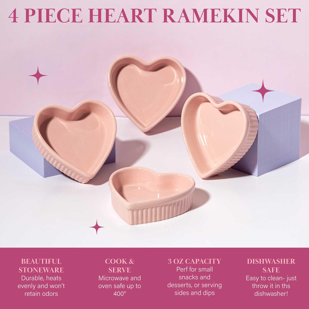 Heart Shaped Ramekin Set, Mini Ceramic, Oven Safe Baking Dishes, Dishwasher Safe, Stoneware Made without PFOA