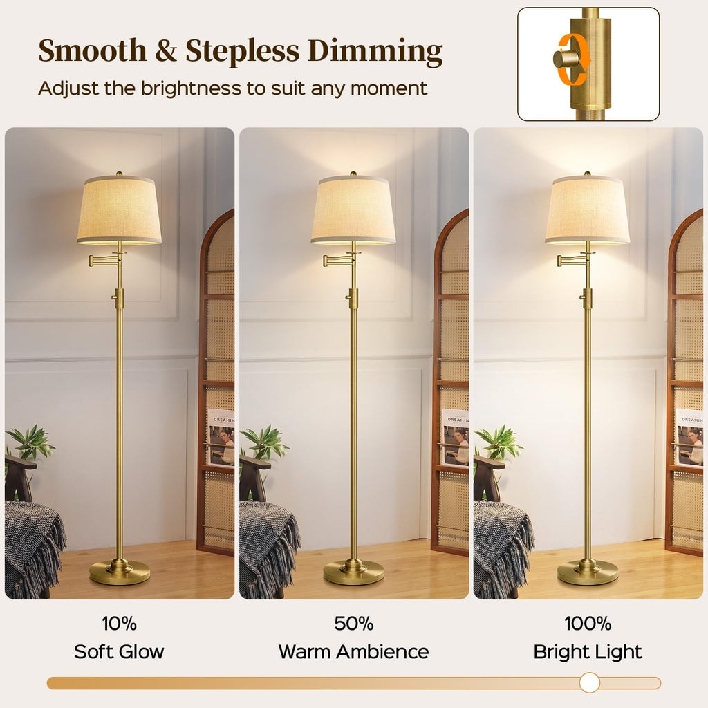 Dimmable Floor Lamp with 350° Swing Arm, 9w Bulb Included, Gold Brass