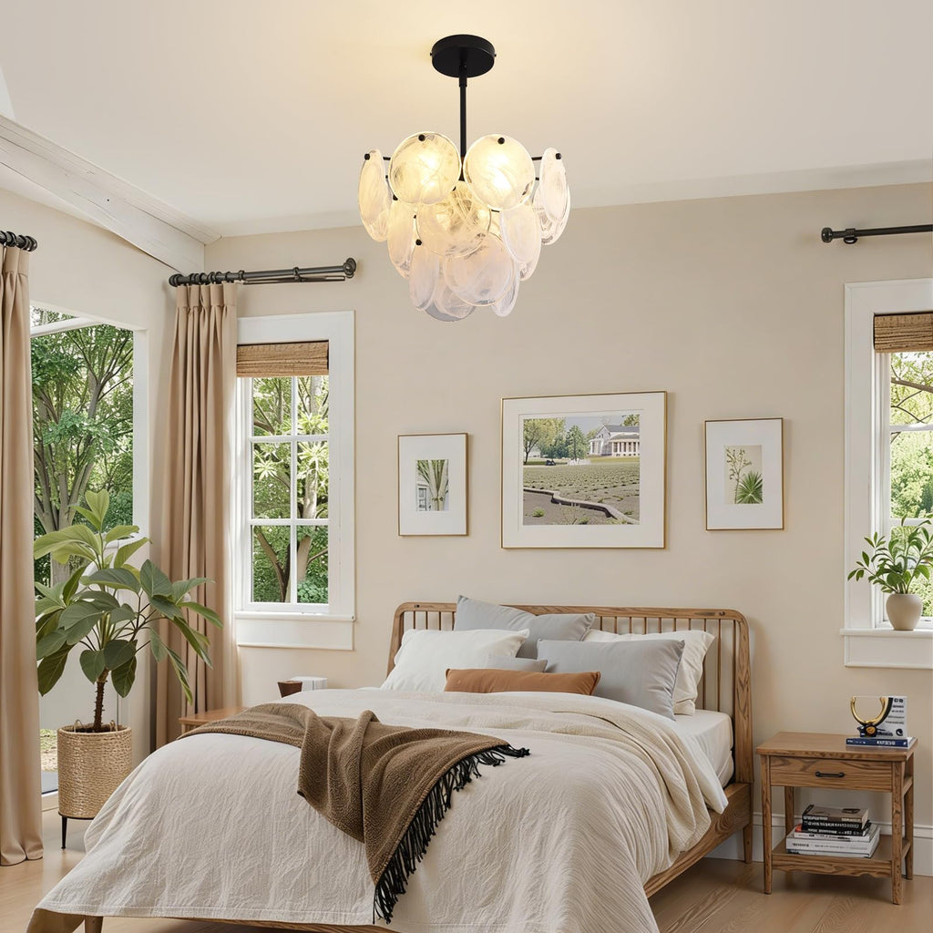 Black Glass Pendant Light, 13.78" Modern Crystal Chandelier Kitchen Island, 4-Light Round Adjustable Height Ceiling