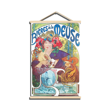 Bieres De La Meuse Wooden Hanging Art- Alfons Mucha Hanging Poster - French Art Nouveau Advertising Canvas Wall