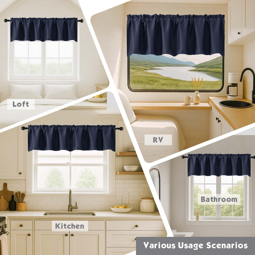 Navy Blue Blackout Valances for Windows, Short Window Valance Curtains Bedroom Bathroom, Room Darkening Solid Privacy