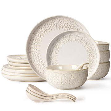 Plates And Bowls Sets, 16 Pieces Dinnerware Sets, Dish Set For 4, Ceramic Kitchen Bowl And Plate Set, Embossed White