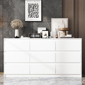 9 Drawer Dresser with Deep Drawers, Large Floor Wood Dressers & Chest of Drawers Handle Free, Modern White Long