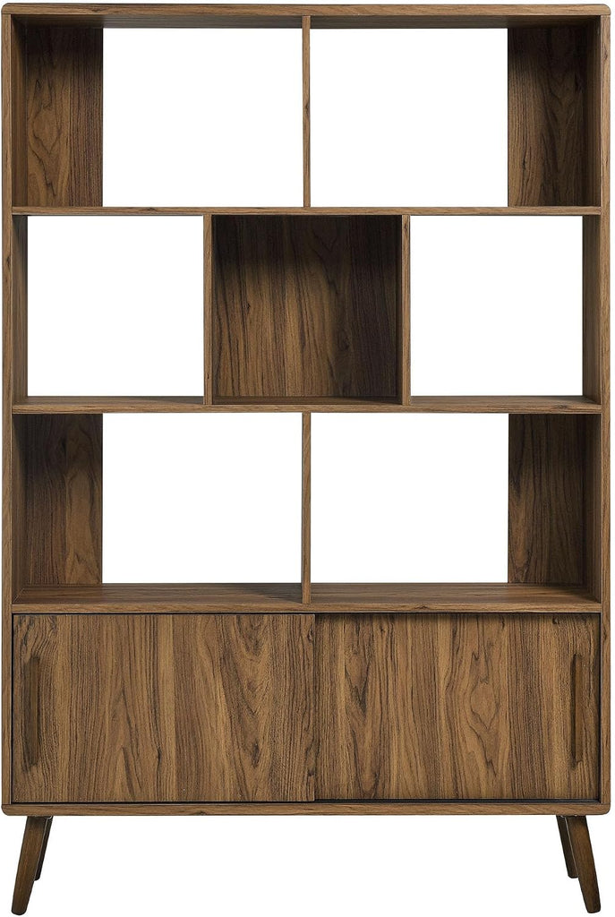 Transmit 8 Shelf Bookcase with Sliding Doors in Walnut - 45 Inch Wood Mid-Century Modern Bookshelf - 4 Tier Tall Open