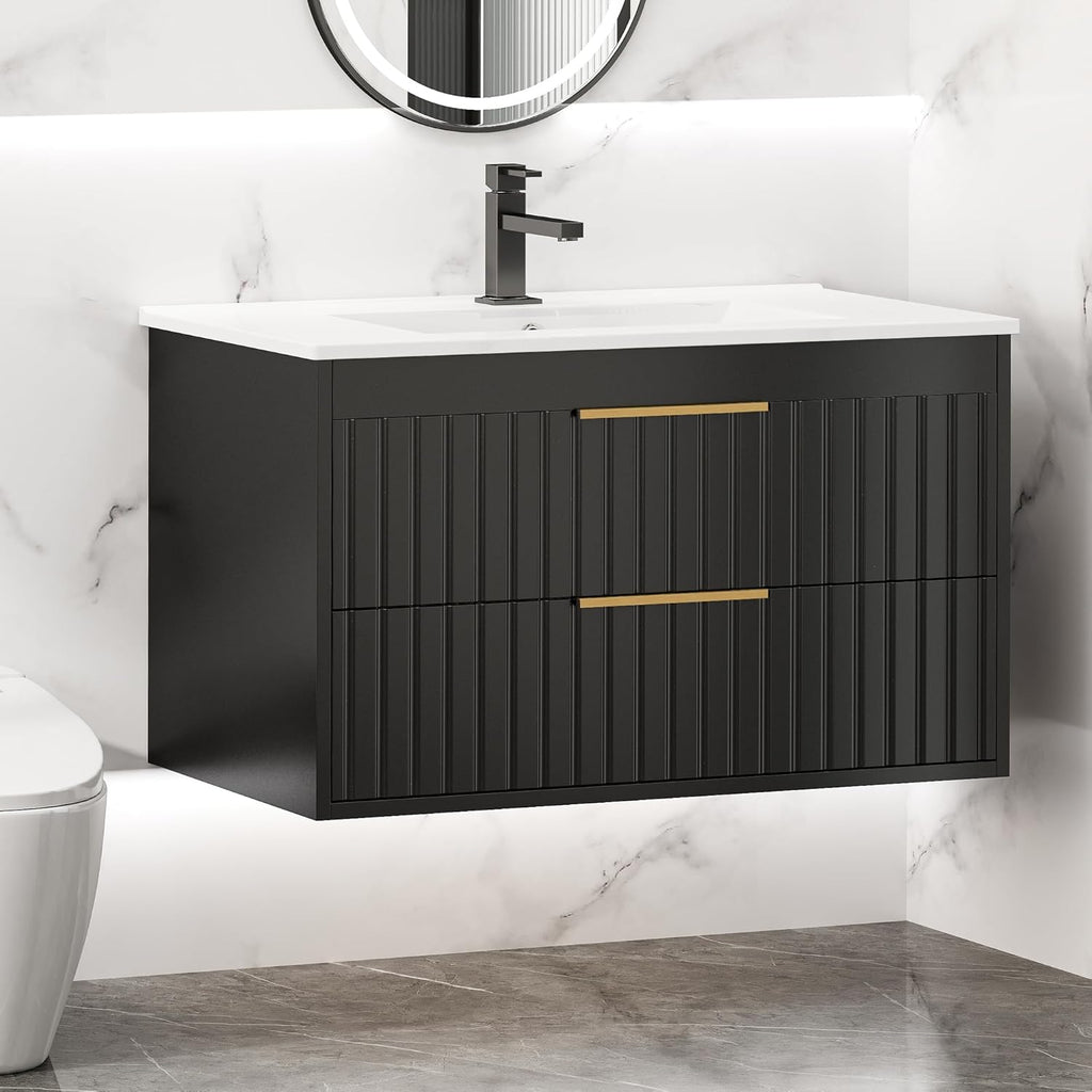 30" Floating Bathroom Vanity with Sink - Wall Mounted Vanity Cabinet with 2 Drawers & Gold Handles, Black