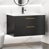 30" Floating Bathroom Vanity with Sink - Wall Mounted Vanity Cabinet with 2 Drawers & Gold Handles, Black