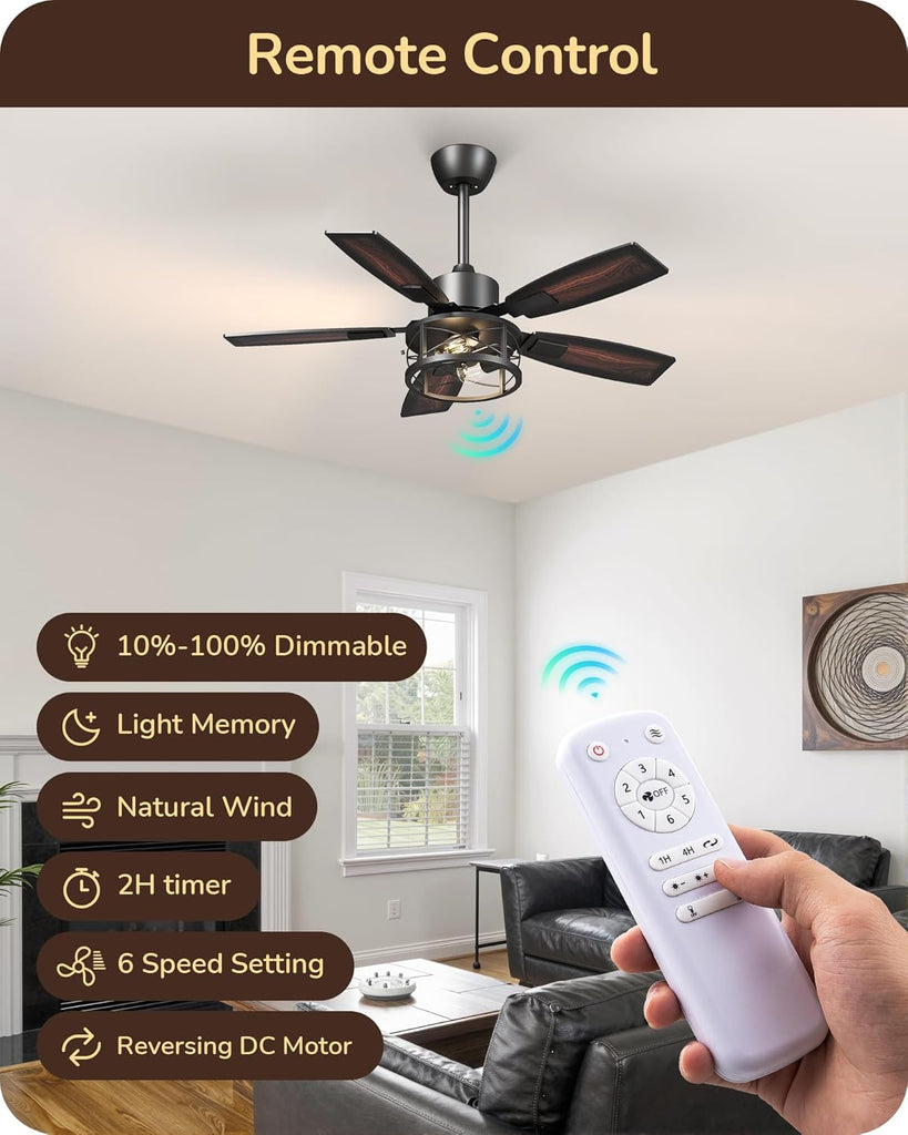 42" Farmhouse Ceiling Fans with Lights and Remote, 10%-100% Dimmable, Reversible DC Motor, 6 Speed, 5 Wooden Blades