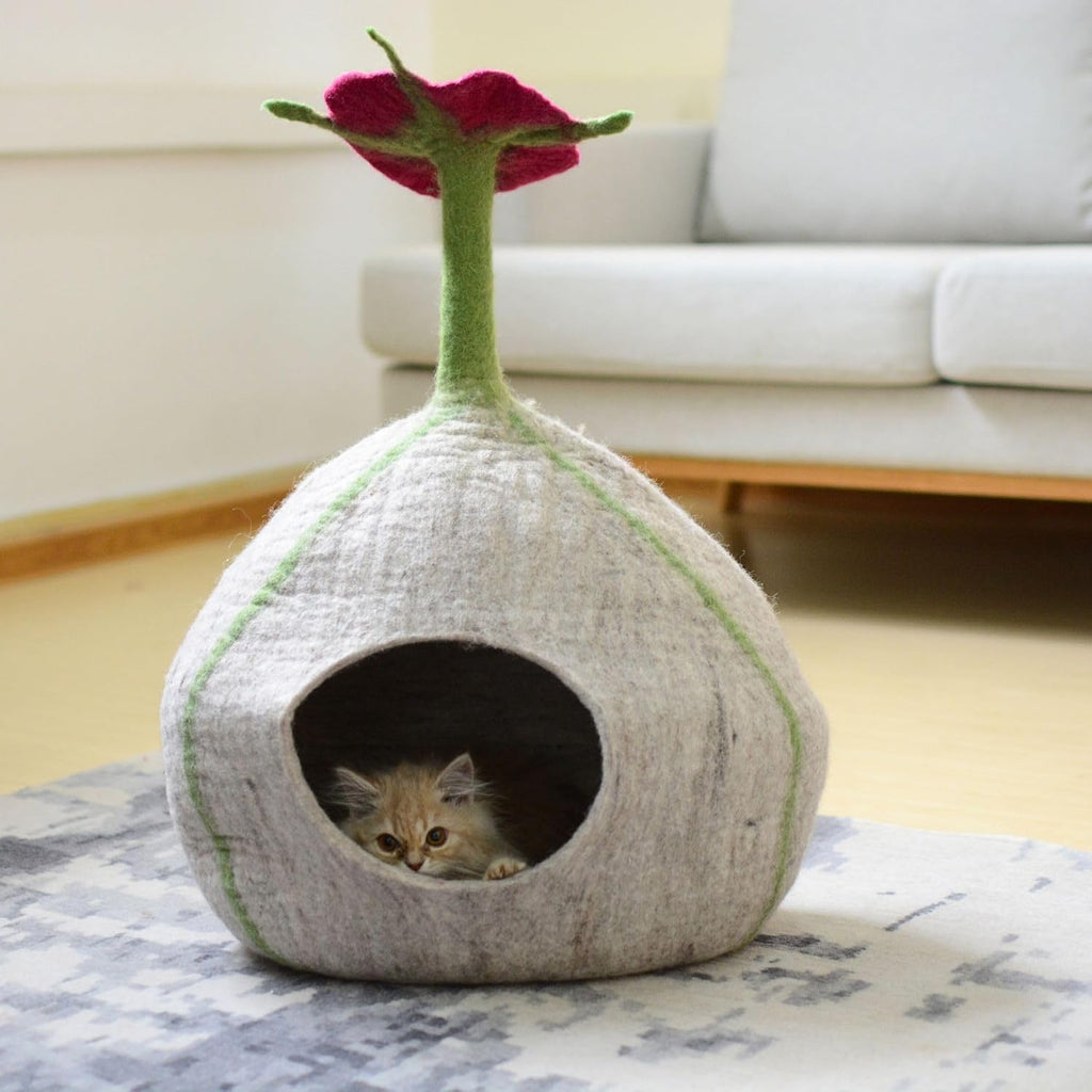 Top Flower Design Felt Cat Cave- Wool Cat Bed- Premium Pet Furniture