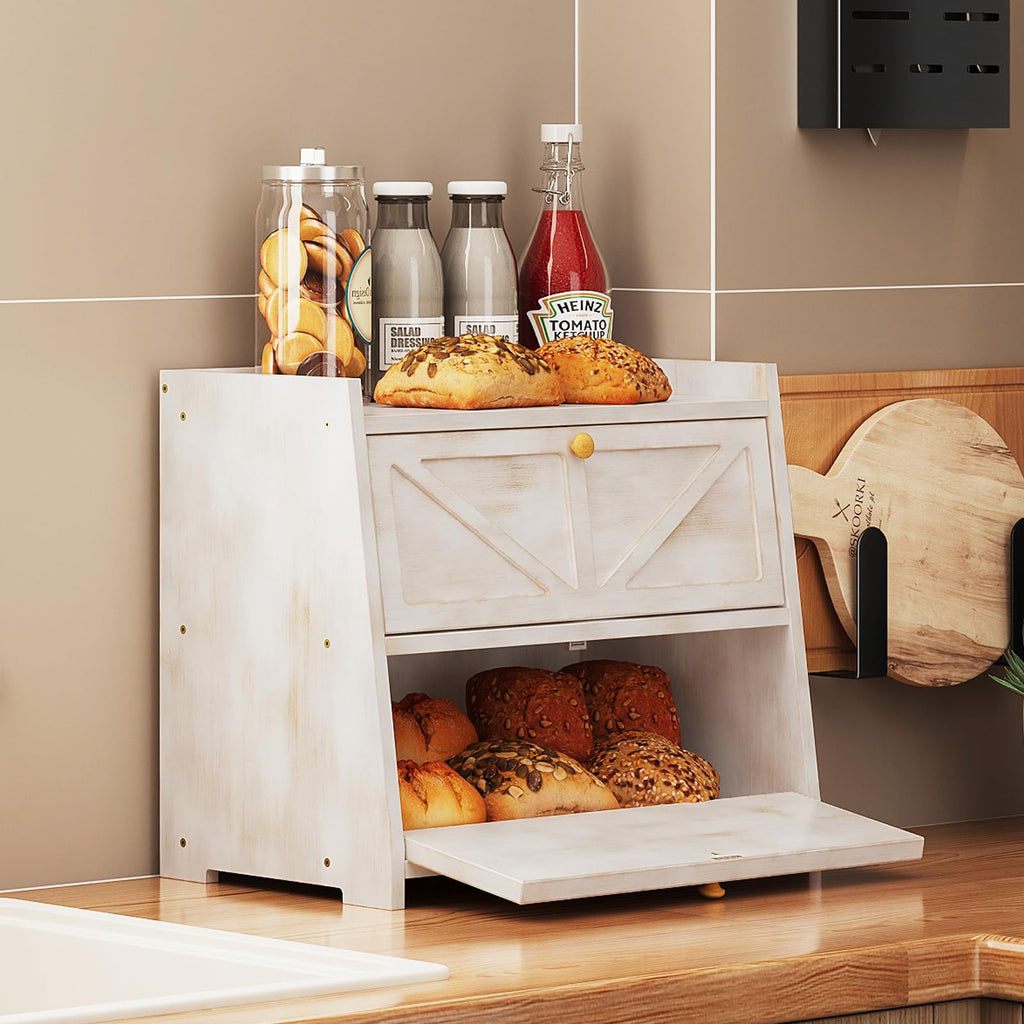 Vintage Double Layer Counter Bamboo Bread Storage Container Large Capacity Bread Storage Bin (Antique White)