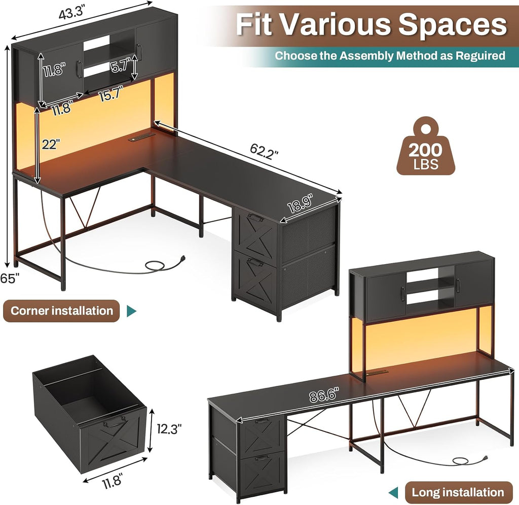 Reversible L Shaped Corner Gaming Desk with Drawers, Led Lights | Corner Computer Desk with Fabric Drawers, Power