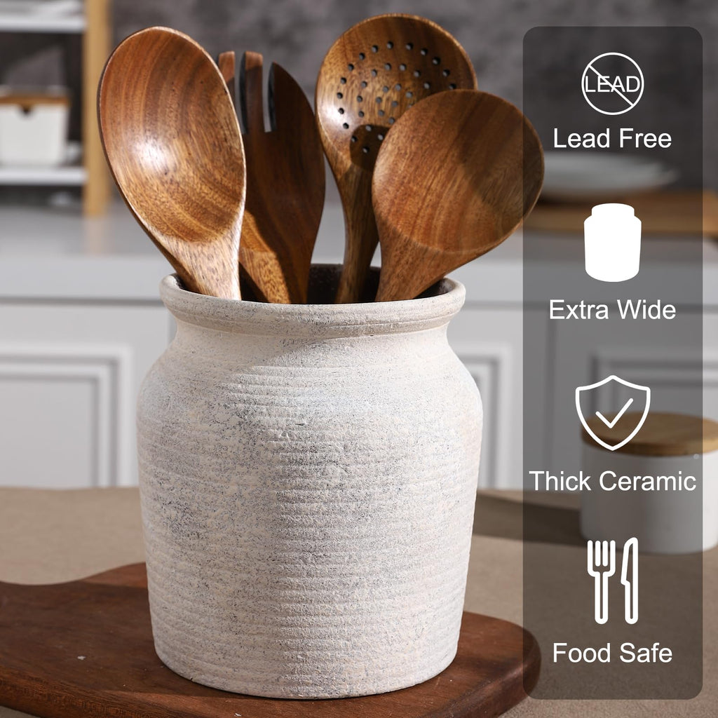 Ceramic Farmhouse Kitchen Utensil Holder for Countertop, Rustic Cooking Utensil Holder Crock Fit Counter. 6*6*6.7