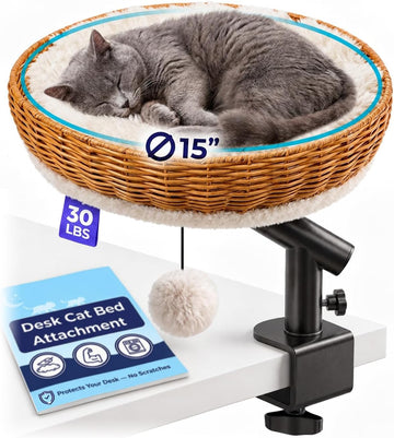 Cat Desk Bed - Rattan Elevated Desk Cat Bed Attachment with Removable Washable Cushion, 360° Swivel Arm, Secure Clamp