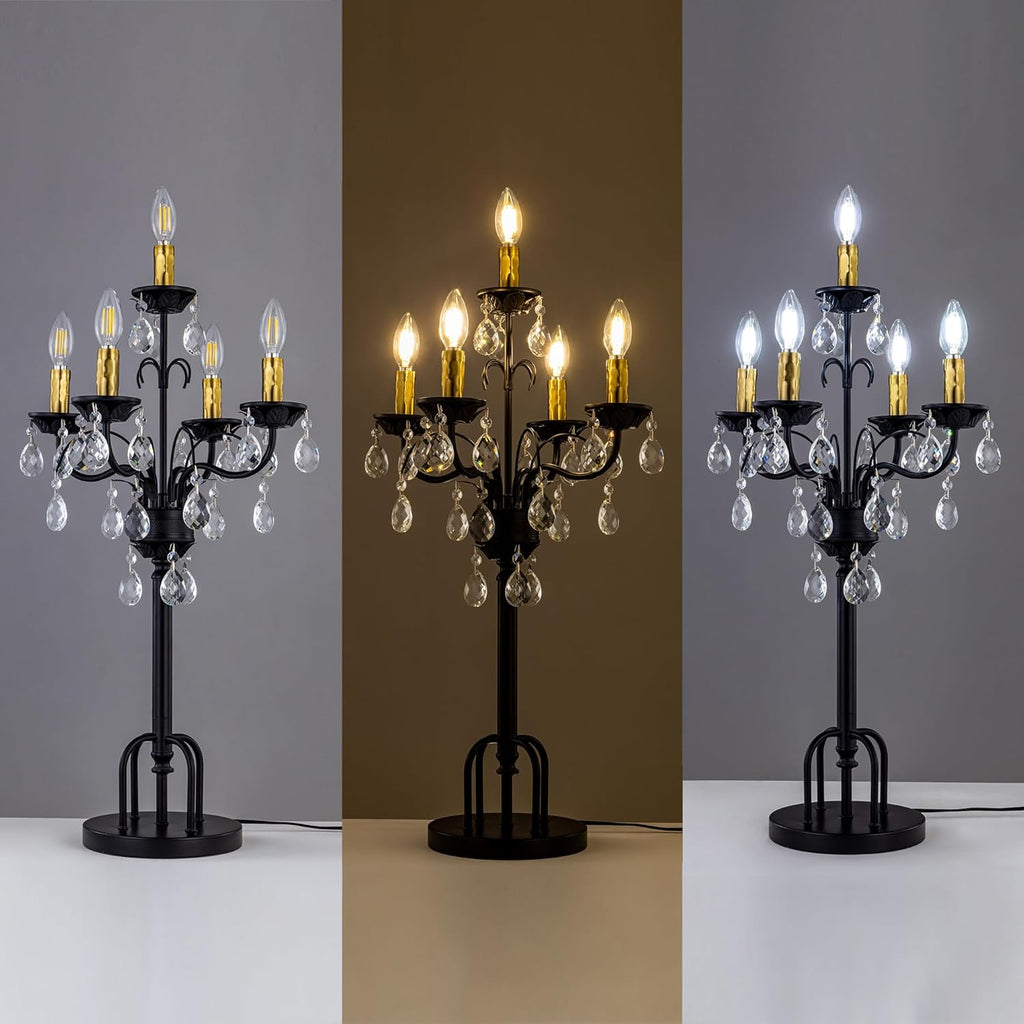 Black Gold Crystal Table Lamp, 5-Light Modern Bedside Lamp, 28" Tall Vintage Desk Lamp, Staircase, Entryway