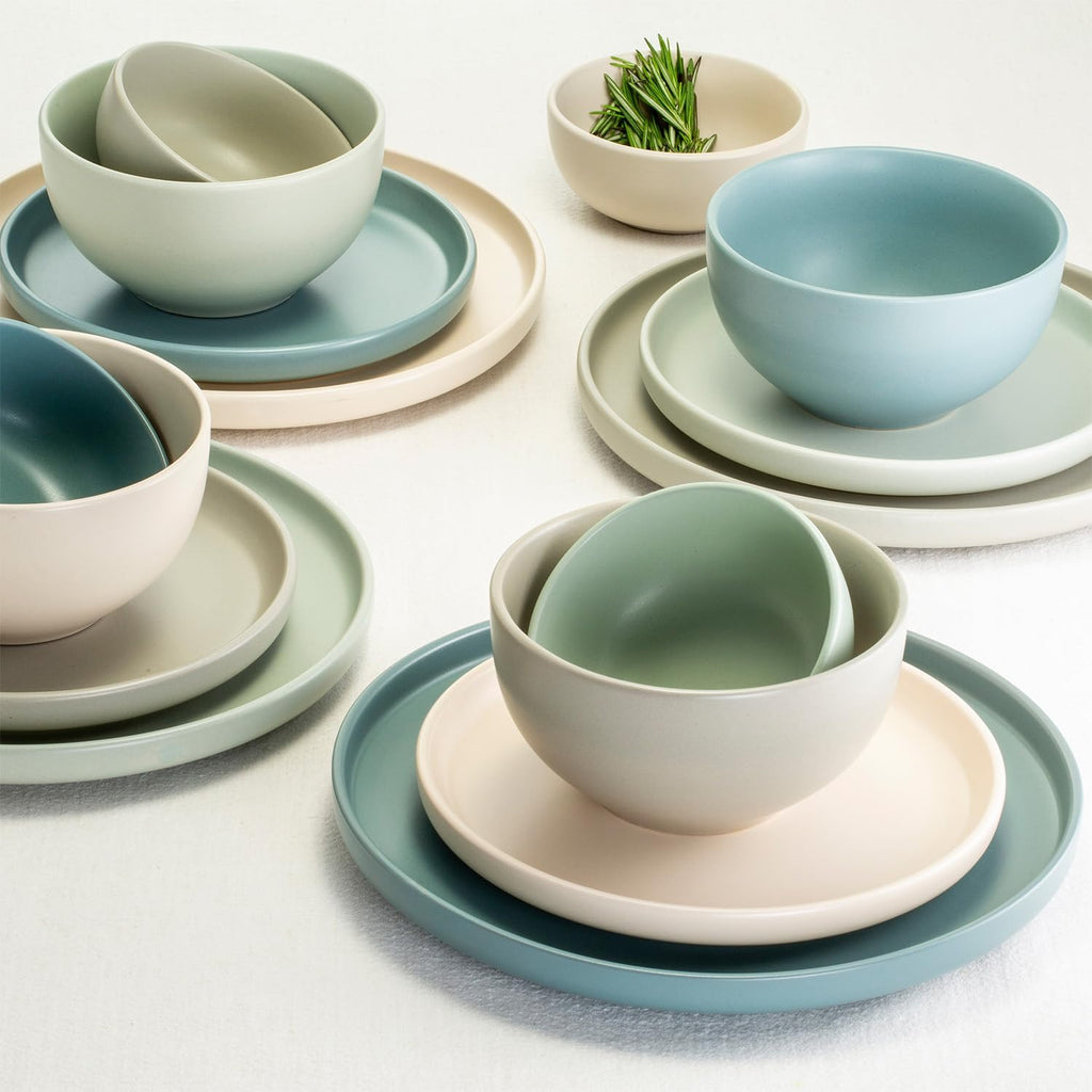 16-Piece Stoneware Dinnerware Set for 4, Satin Glazed Plates and Bowls Sets with Matte Finish, Ceramic Dish Set