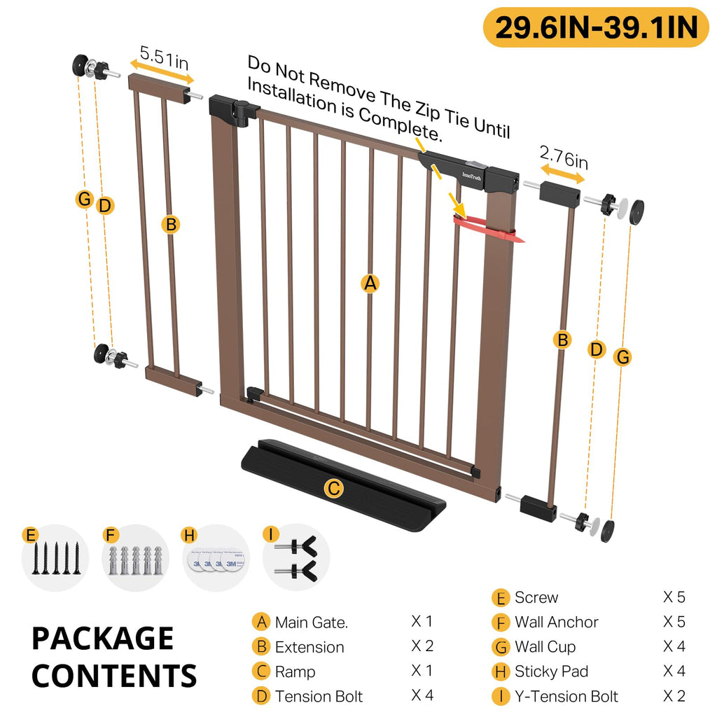 29.6-39.1 in Wide Baby Gate for Stairs and Doorways, Brown