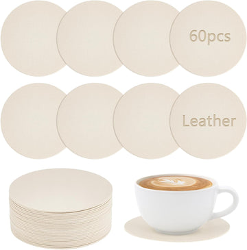 Round Leather Coasters for Drinks, 4"" Dual Sided Washable Cup Coasters for Coffee Tabletop, Drinking Coaster - Set of 60