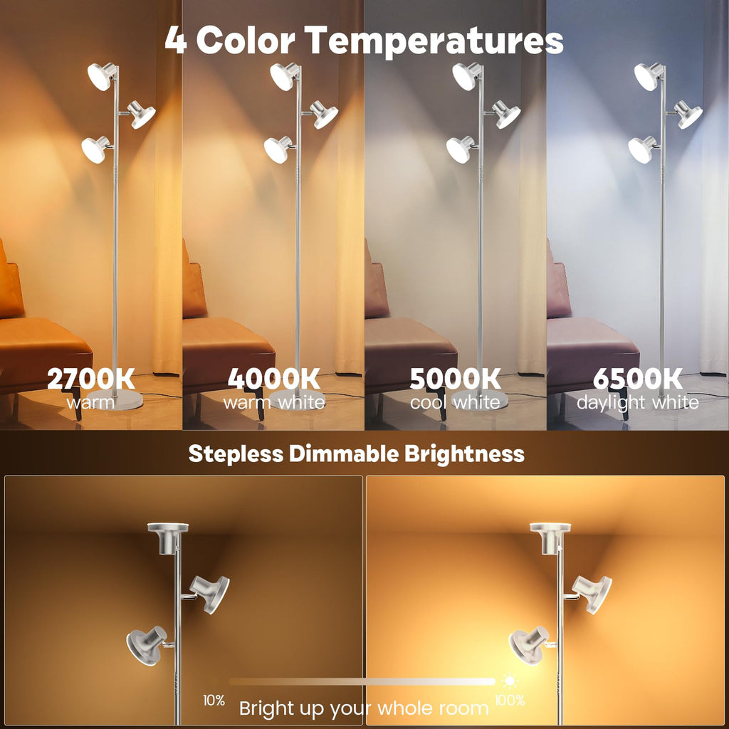 36W LED Tree Floor Lamp, Modern Dimmable Standing Lamp with Remote & Touch Control, 4 Color Temperatures, 3 Rotatable