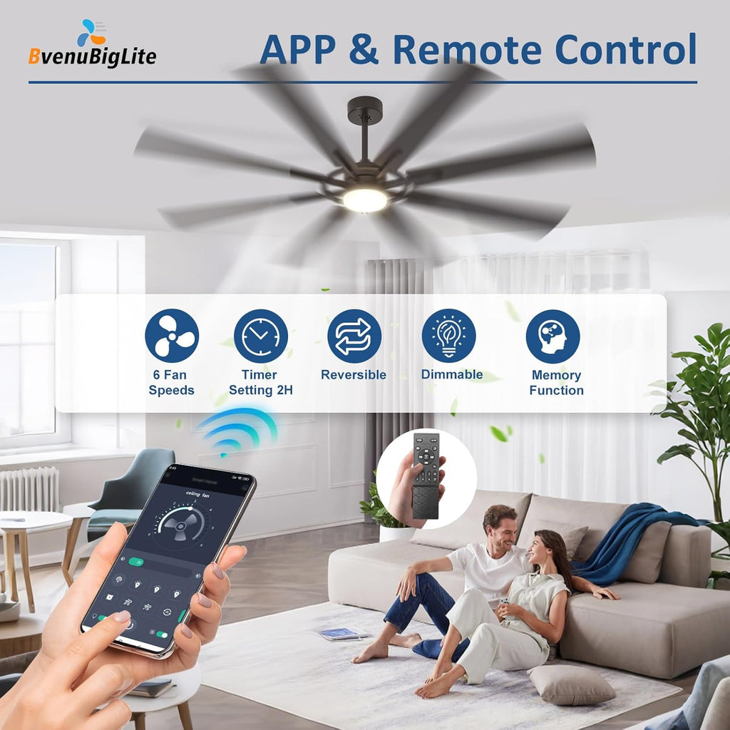 Large Ceiling Fans with Lights: Modern 72 Inch 8 Blade Outdoor Ceiling Fan with Remote APP Control - Dimmable Black
