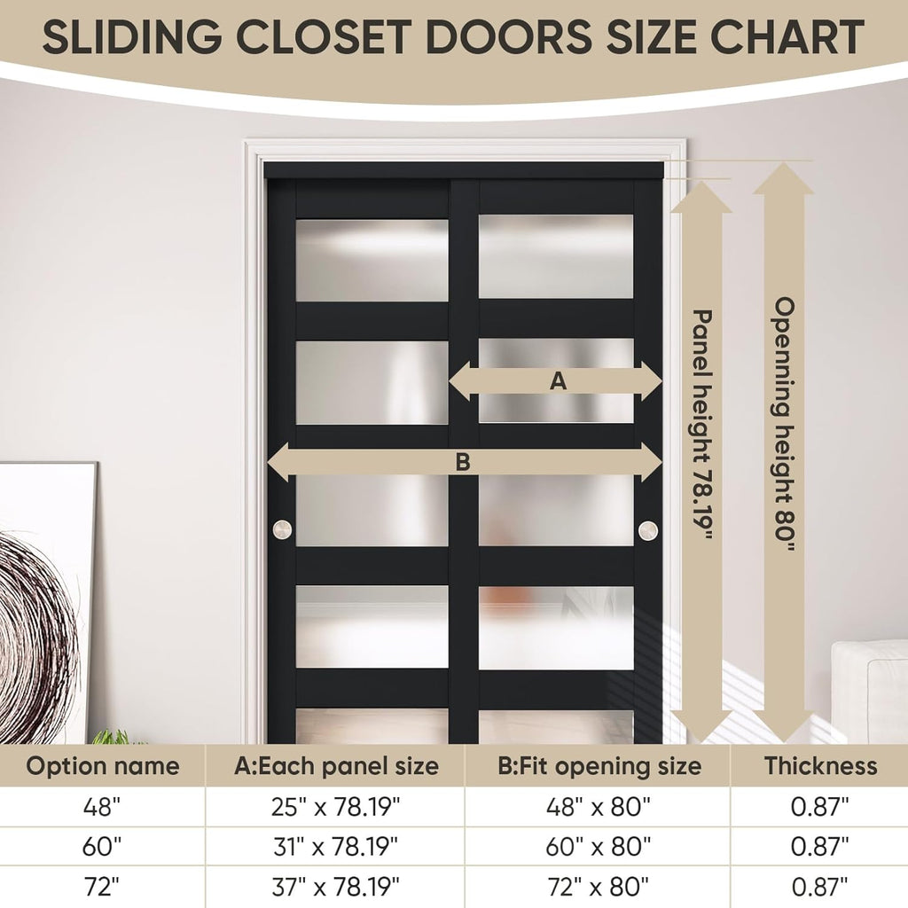 48" x 80" Sliding Closet Door, 5-Lite Frosted Glass Bypass Door with Hardware Kit & Matching Fascia,