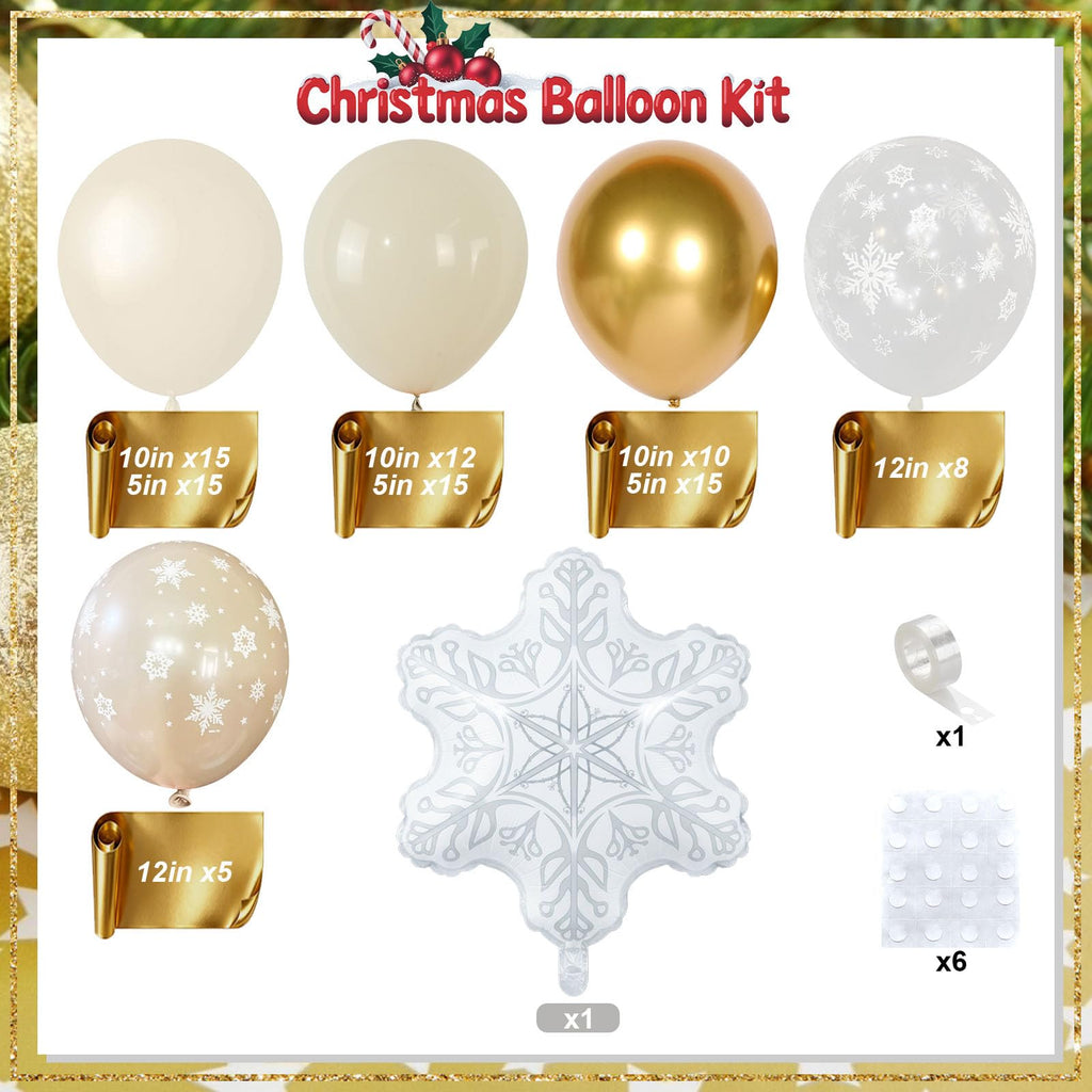 Snowflake Balloon Garland Arch Kit, Gold and White Sand Balloon Arch with Clear Snowflake Foil Balloons for Winter