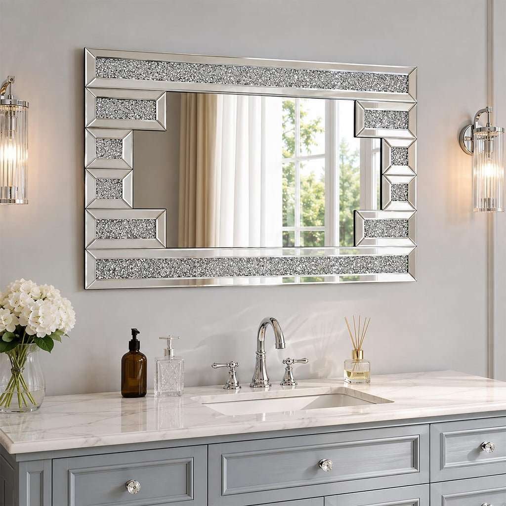 Crushed Diamond Rectangular Wall Mirror 32"x48", Bling Rhinestone Mirror Art Deco Silver, Hand-Inlaid Crystals for