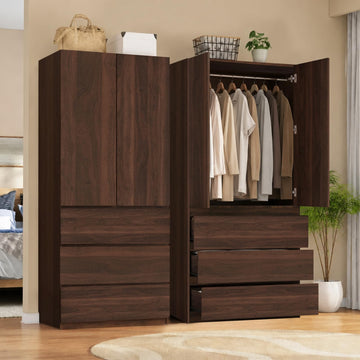 2 Piece Walnut Full Wall Wardrobe Closet with 6 Drawer & Hanging Rod