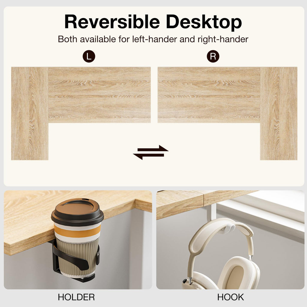 59" L Shaped Standing Desk with Cable Tray, Reversible, Oak