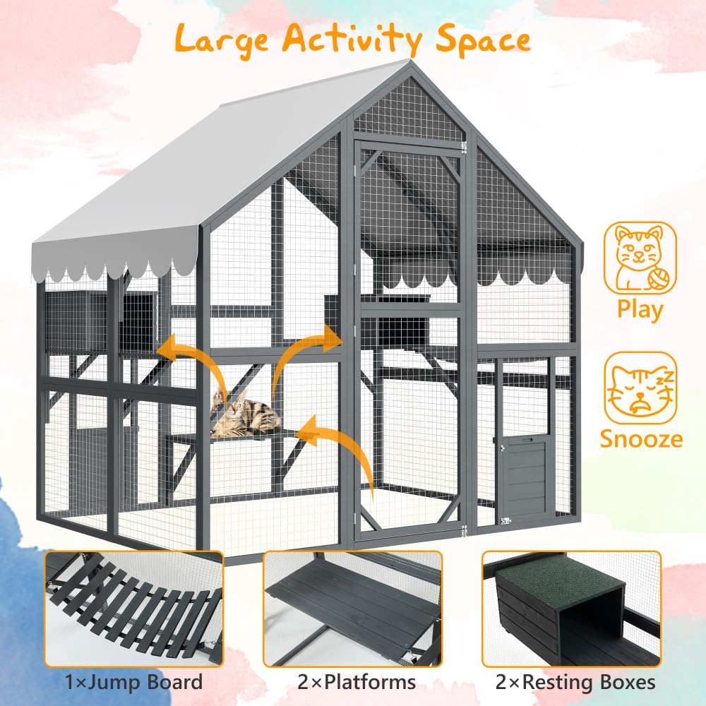 Large Outdoor Cat Enclosure with Wooden Frame, Suspension Bridges, Walking Paths, Cozy Resting Houses