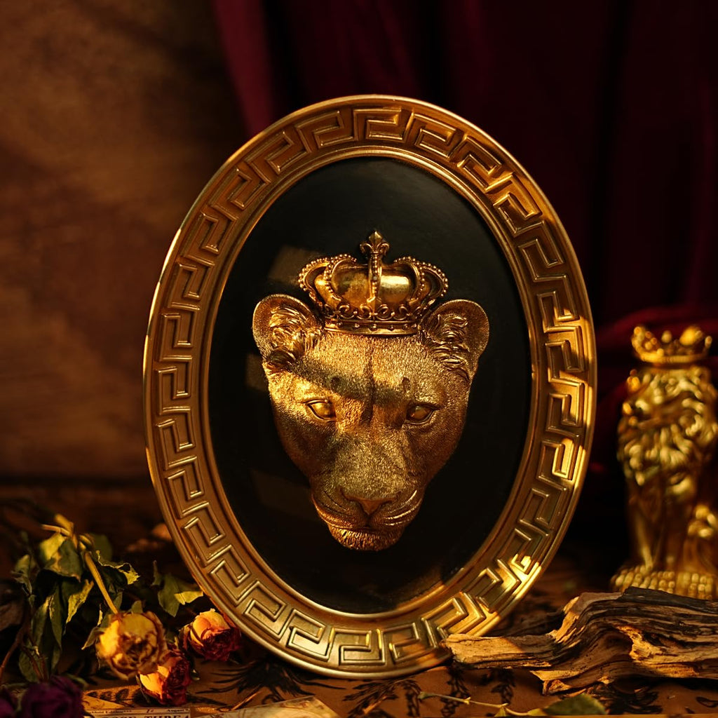 Vintage Wall Sculpture, Retro Gold Lioness Head Oval Framed Wall Art, Antique Wall Decor, Gothic Hanging Decoration