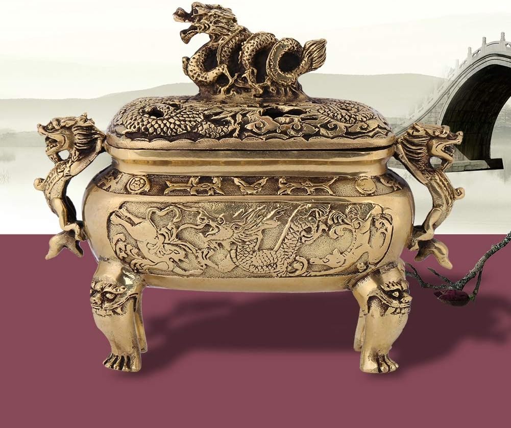 Antique Bronze Copper Chinese Dragon Incense Burner Holder Home Decoration Religious Meditation Decor Art Piece