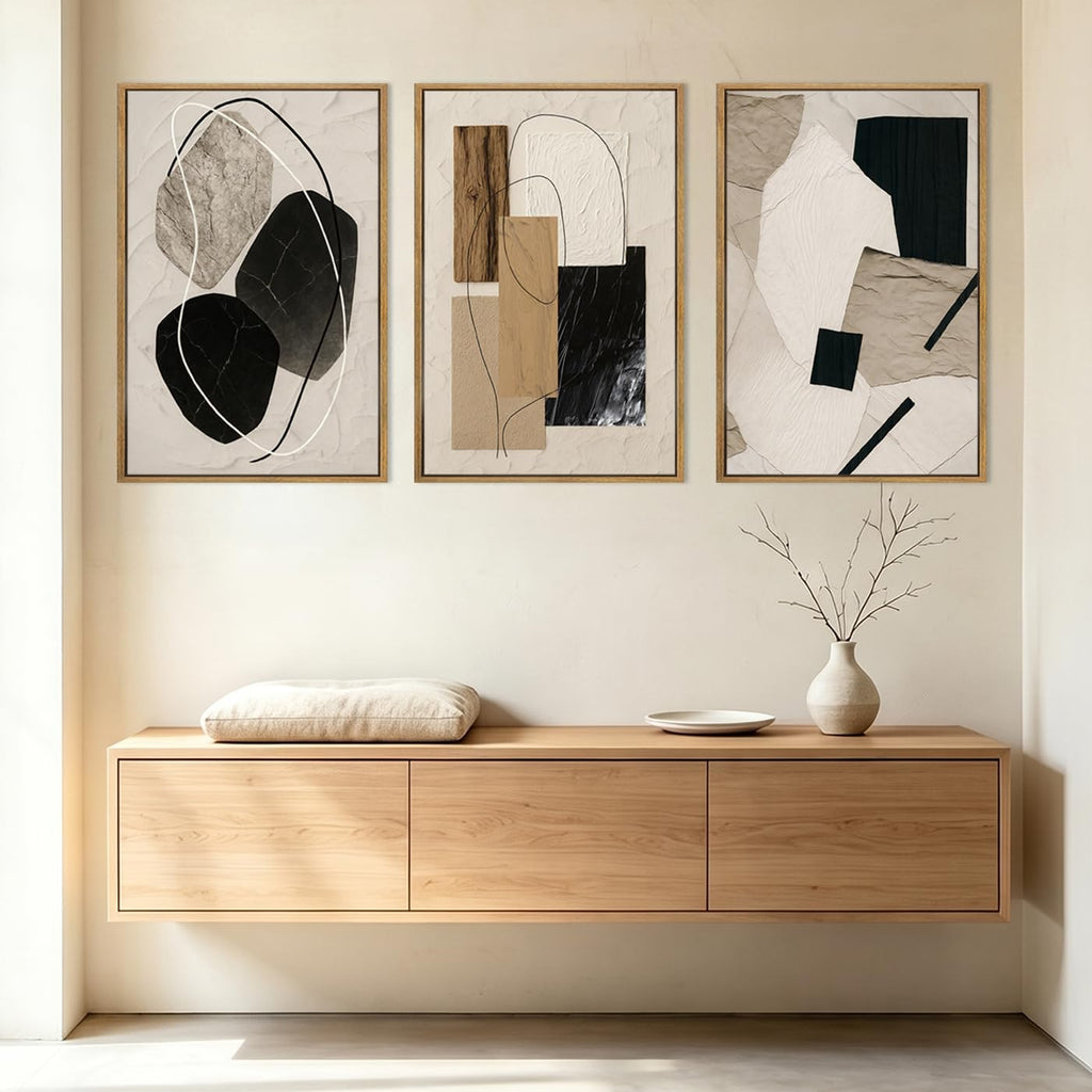 Large Abstract Paintings Framed Neutral Canvas Prints Mid Century Modern Wall Art Bedroom Bathroom 36x24 Inch 3 Piece