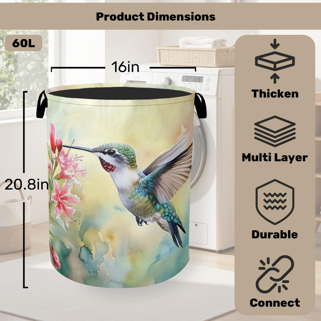 Summer Hummingbird Laundry Basket with Handles - Extra Large Foldable Hamper /Laundry/Bedroom/Dorm, Washable Fabric