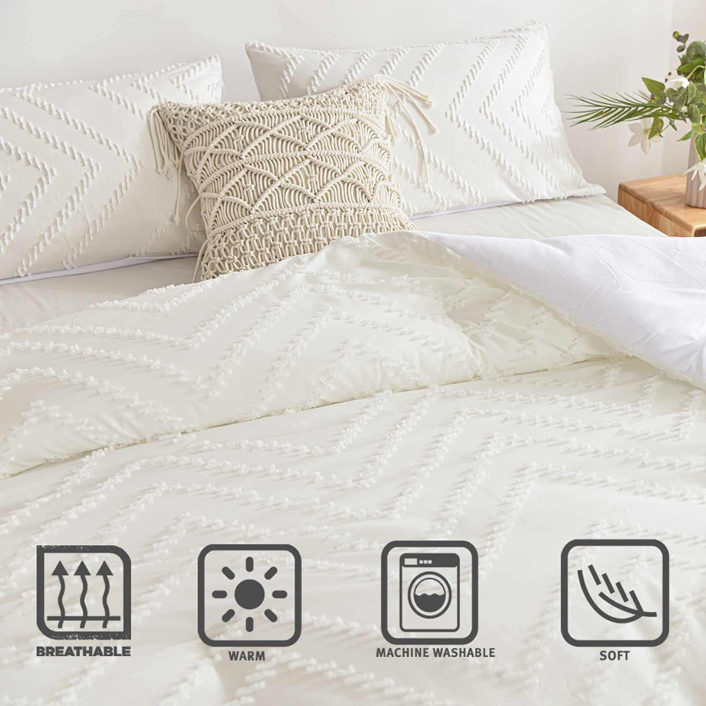King Comforter Set White Tufted Jacquard Boho Soft Shabby Chic Reversible Down Alternative Microfiber Bedding - All