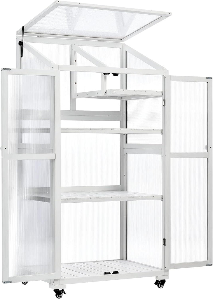 62" H Indoor Wood Greenhouse, Balcony Large Cold Frame with Wheels and Adjustable Shelves for Outdoor Indoor Use